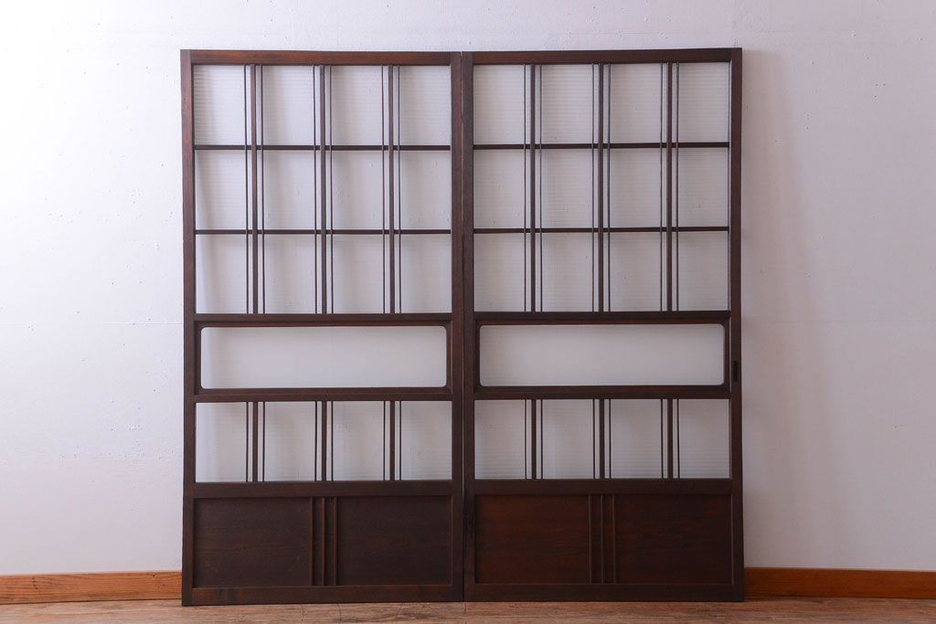 和製アンティーク　モールガラス入り!レトロな引き戸2枚セット(1)