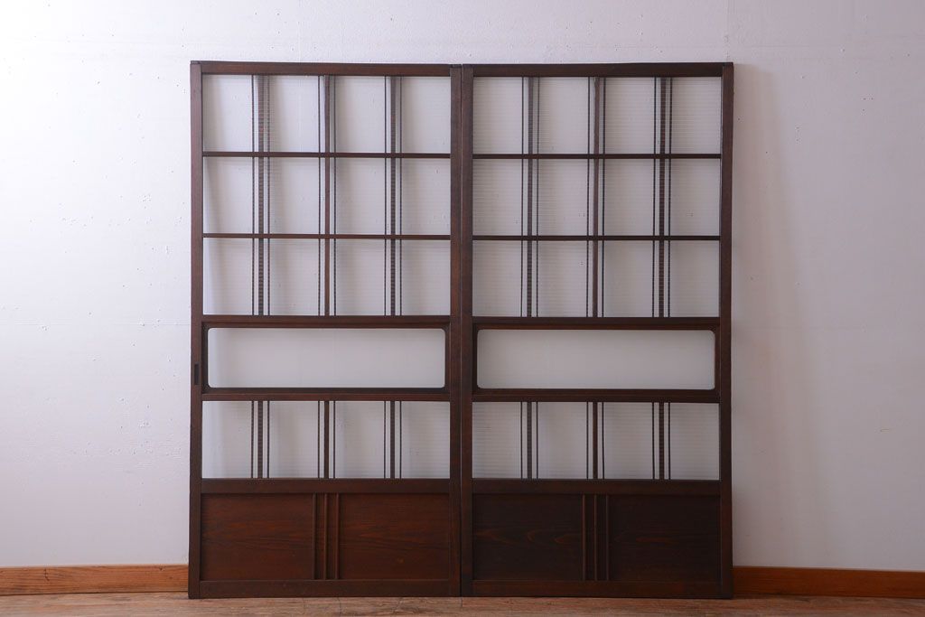 和製アンティーク　モールガラス入り!レトロな引き戸2枚セット(1)