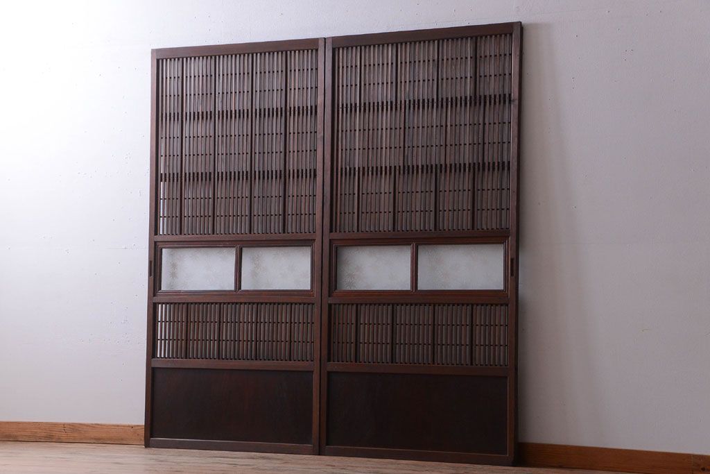 古民具・骨董　腰板欅材!アンティーク格子戸2枚セット