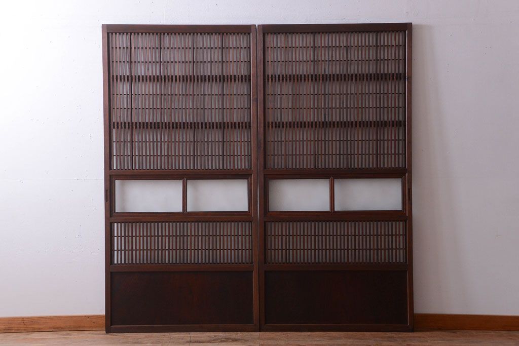 古民具・骨董　腰板欅材!アンティーク格子戸2枚セット