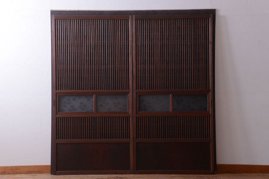 古民具・骨董　腰板欅材!アンティーク格子戸2枚セット