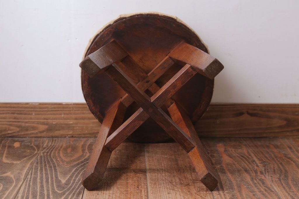 レトロ家具　和製アンティーク　古い木のレトロなクッション座面スツール(2)