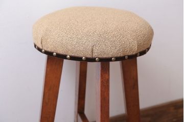 レトロ家具　和製アンティーク　古い木のレトロなクッション座面スツール(3)