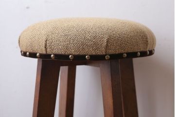 レトロ家具　和製アンティーク　古い木のレトロなクッション座面スツール(3)