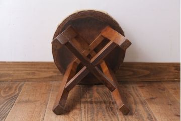 レトロ家具　和製アンティーク　古い木のレトロなクッション座面スツール(3)