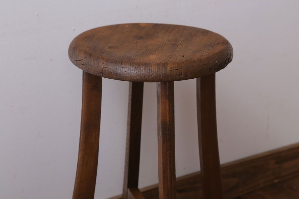 アンティーク家具　アンティーク　古い木のシンプルな丸スツール(2)