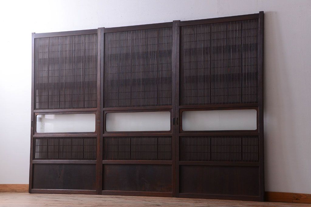 古民具・骨董　デザインガラス帯!古い木のアンティーク格子戸