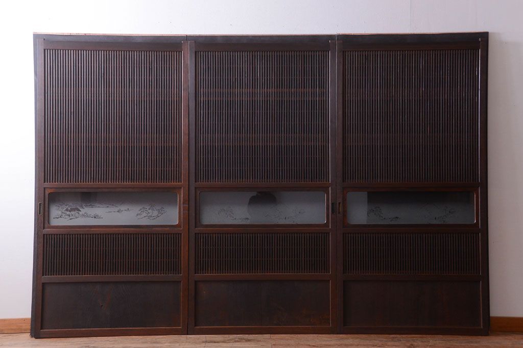 古民具・骨董　デザインガラス帯!古い木のアンティーク格子戸