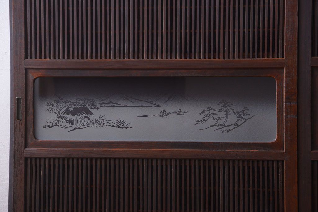 古民具・骨董　デザインガラス帯!古い木のアンティーク格子戸