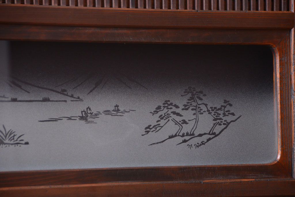 古民具・骨董　デザインガラス帯!古い木のアンティーク格子戸