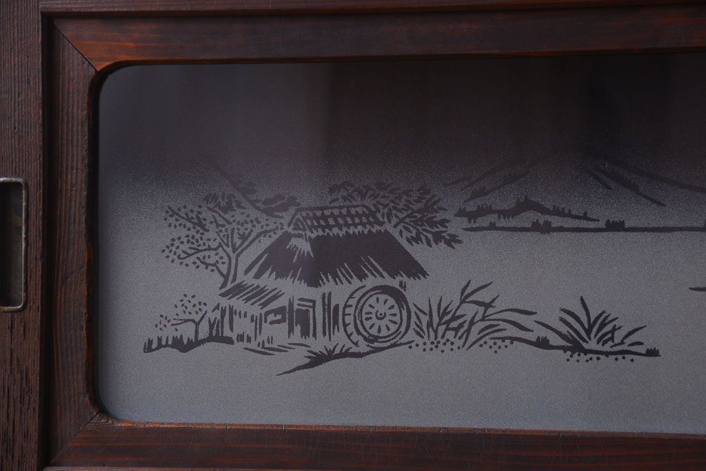 古民具・骨董　デザインガラス帯!古い木のアンティーク格子戸