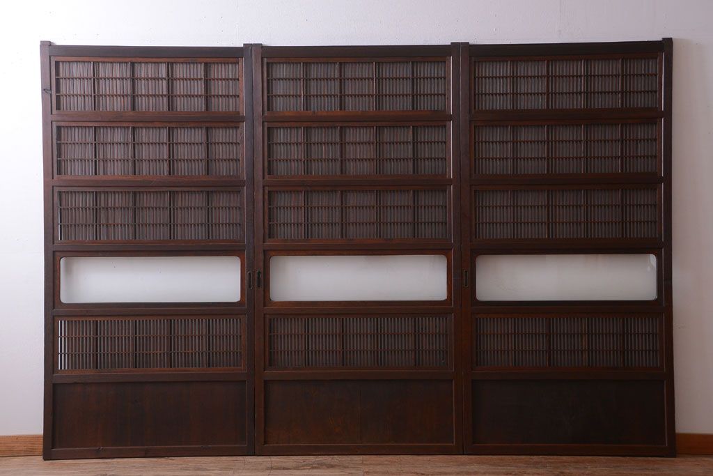 古民具・骨董　デザインガラス帯!古い木のアンティーク格子戸