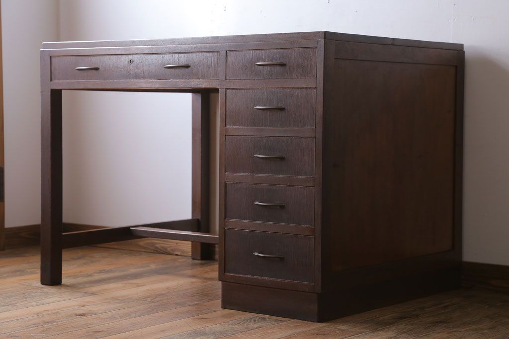 レトロ家具　昭和レトロ　古い木のシンプルなアンティーク片袖机(デスク)