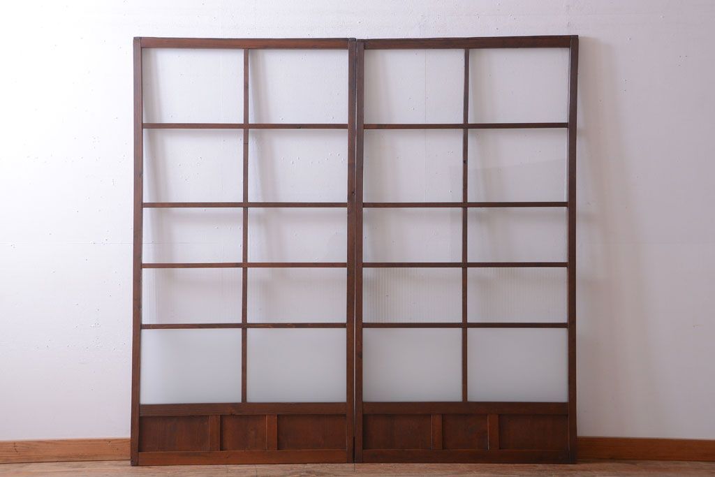 和製アンティーク　レトロな古い木のガラス戸2枚セット