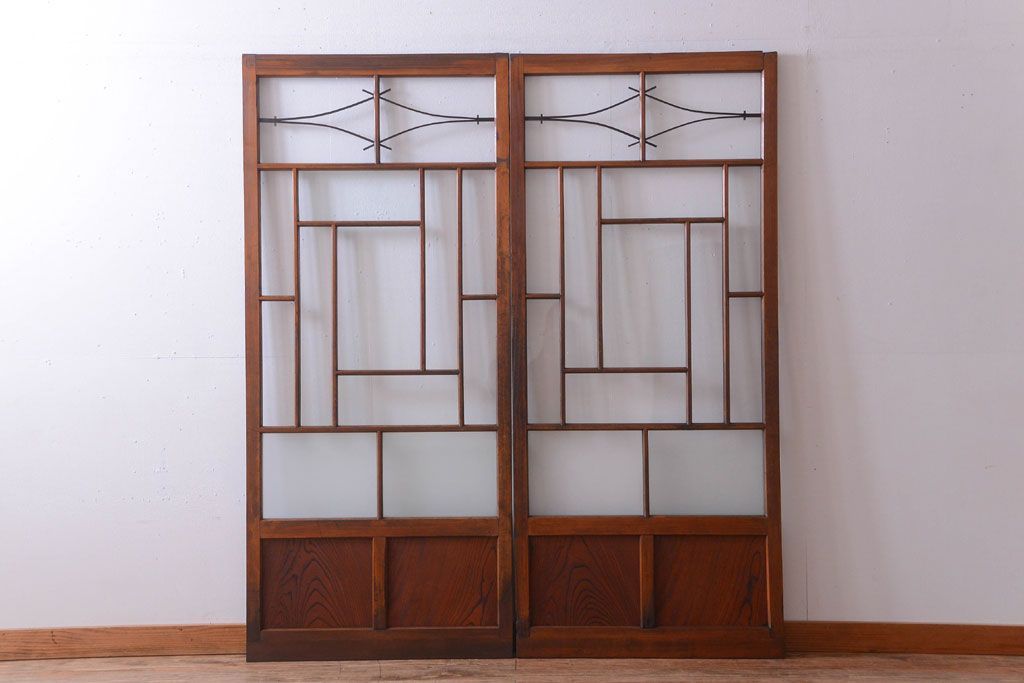 大正ロマン　モダンなデザインのアンティークガラス戸2枚セット