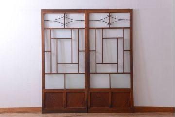 大正ロマン　モダンなデザインのアンティークガラス戸2枚セット