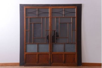 大正ロマン　モダンなデザインのアンティークガラス戸2枚セット