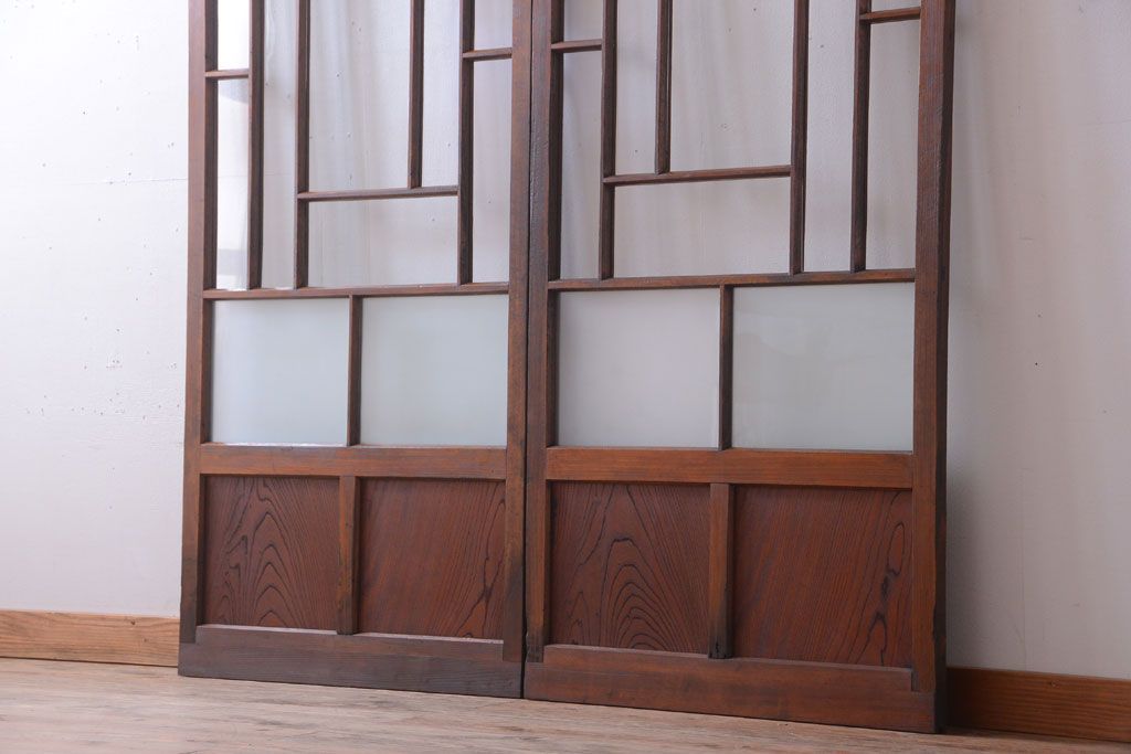 大正ロマン　モダンなデザインのアンティークガラス戸2枚セット