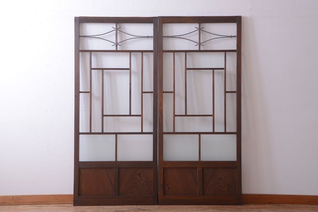 大正ロマン　モダンなデザインのアンティークガラス戸2枚セット