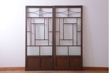 大正ロマン　モダンなデザインのアンティークガラス戸2枚セット
