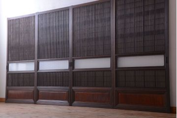 古民具・骨董　裏障子付き!ダイヤガラス帯のアンティーク格子戸4枚セット