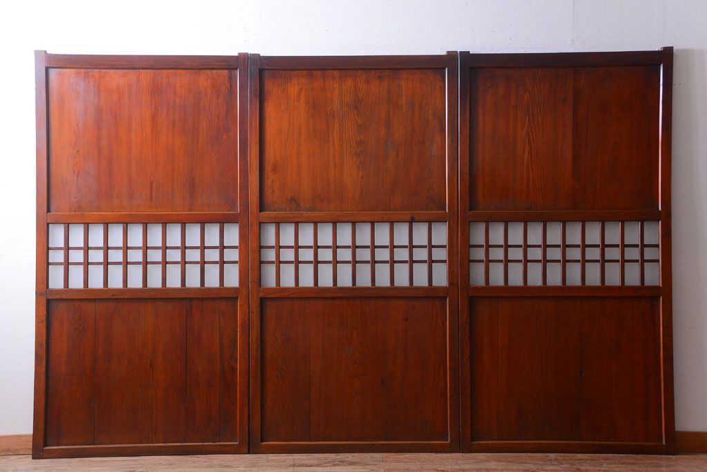 古民具・骨董　古い木製のすりガラス入り格子帯戸3枚セット(ガラス帯戸)