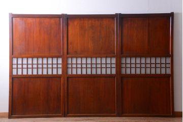 古民具・骨董　古い木製のすりガラス入り格子帯戸3枚セット(ガラス帯戸)
