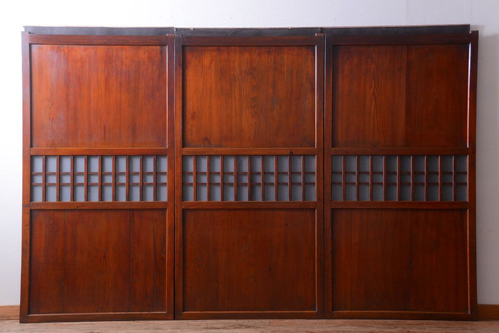 古民具・骨董　古い木製のすりガラス入り格子帯戸3枚セット(ガラス帯戸)