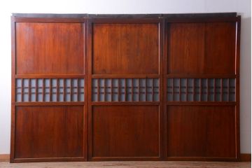 古民具・骨董　古い木製のすりガラス入り格子帯戸3枚セット(ガラス帯戸)