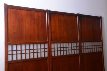 古民具・骨董　古い木製のすりガラス入り格子帯戸3枚セット(ガラス帯戸)