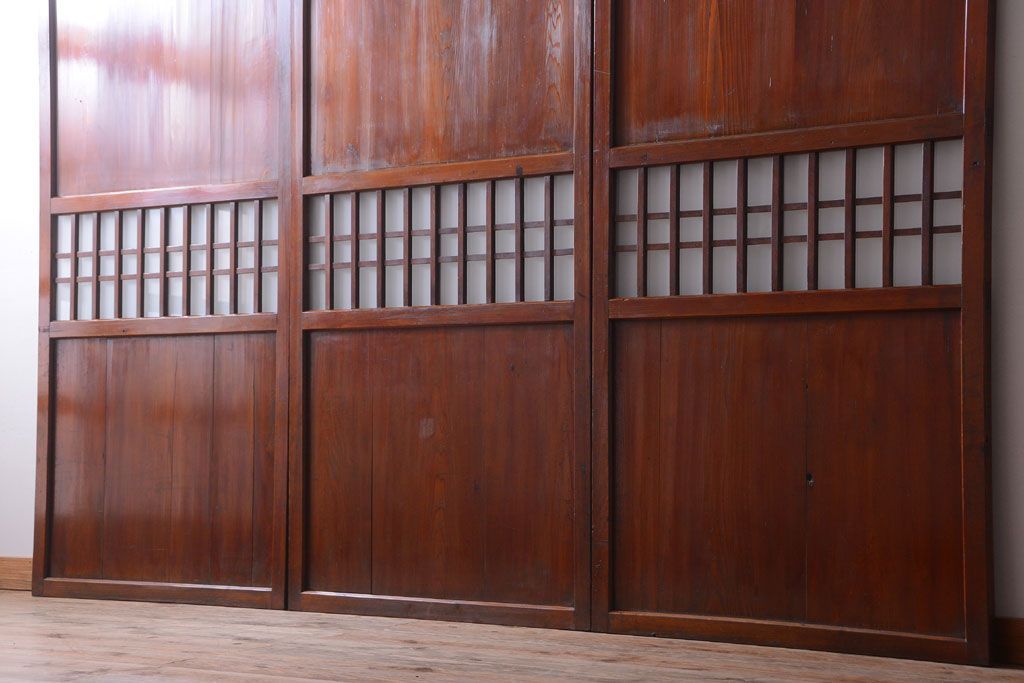 古民具・骨董　古い木製のすりガラス入り格子帯戸3枚セット(ガラス帯戸)