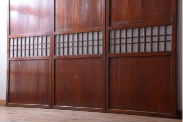 古民具・骨董　古い木製のすりガラス入り格子帯戸3枚セット(ガラス帯戸)
