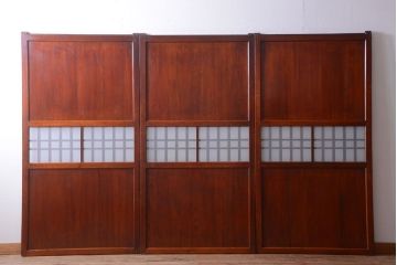 古民具・骨董　古い木製のすりガラス入り格子帯戸3枚セット(ガラス帯戸)