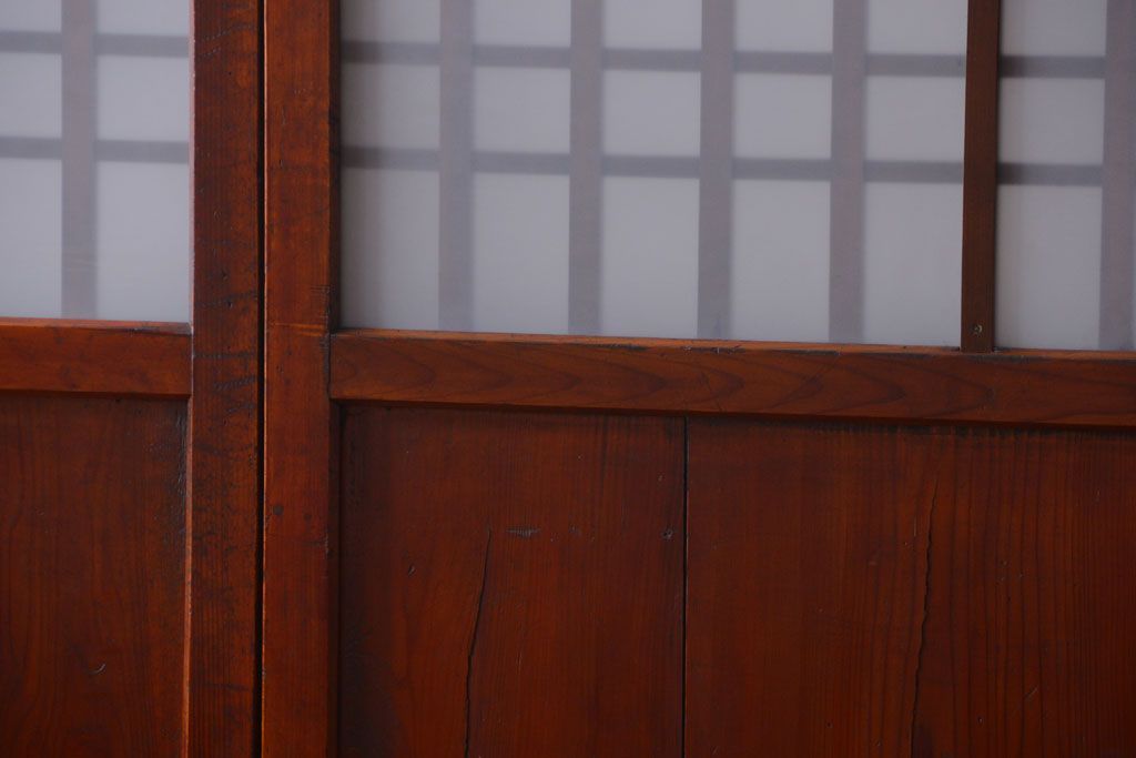 古民具・骨董　古い木製のすりガラス入り格子帯戸3枚セット(ガラス帯戸)