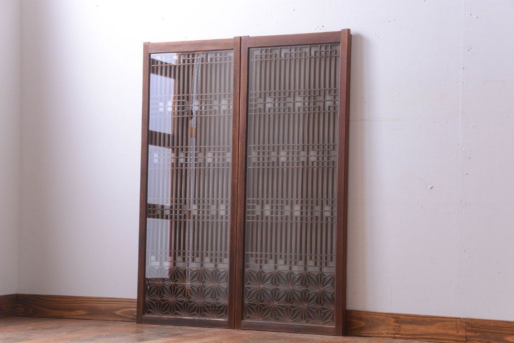 古民具・骨董　古い木製のガラス書院戸2枚セット