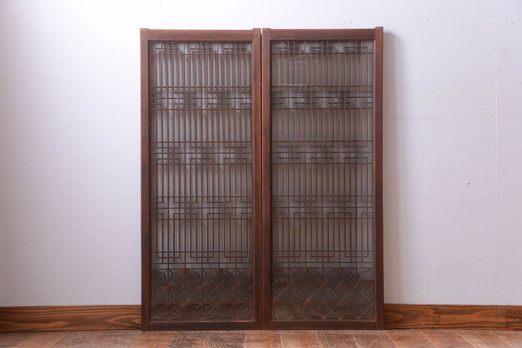 古民具・骨董　古い木製のガラス書院戸2枚セット