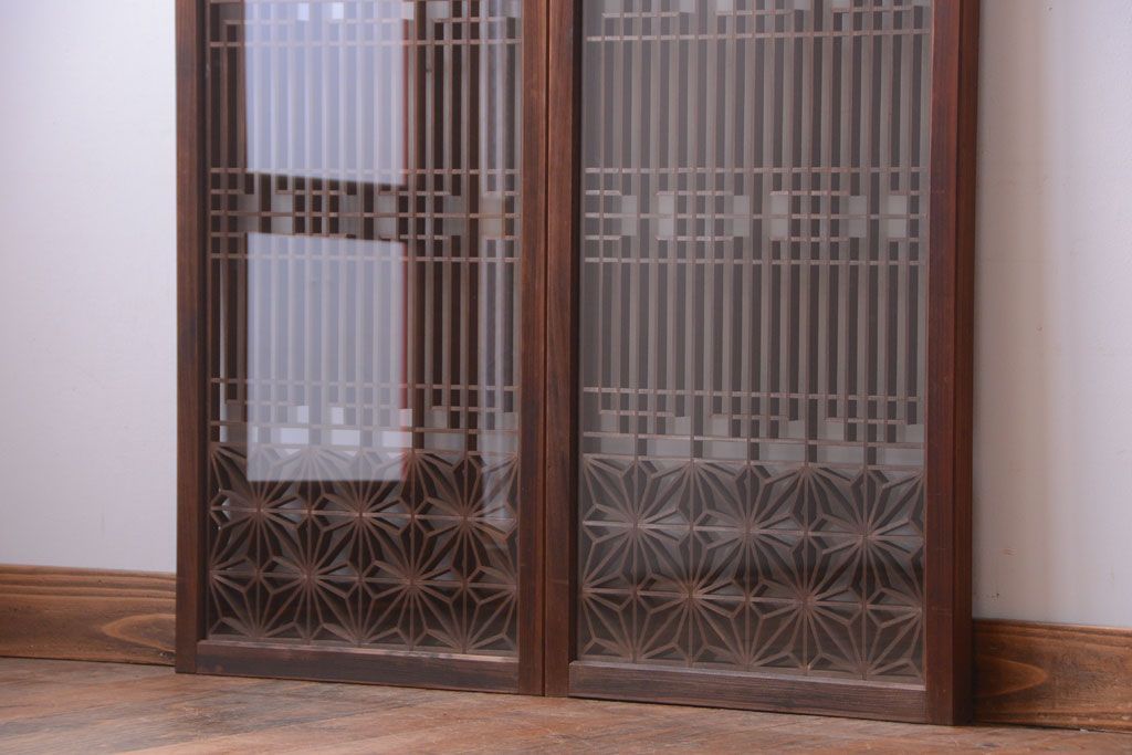 古民具・骨董　古い木製のガラス書院戸2枚セット
