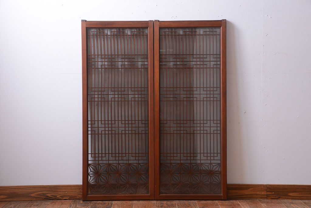 古民具・骨董　古い木製のガラス書院戸2枚セット