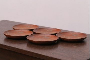 アンティーク雑貨　アンティーク　桐製　鶴蒔絵菓子皿5枚(螺鈿)