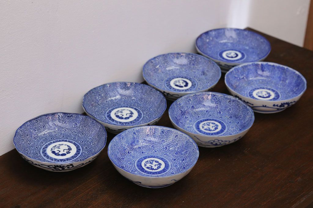 アンティーク雑貨　明治期　微塵唐草なます皿7枚(伊万里)