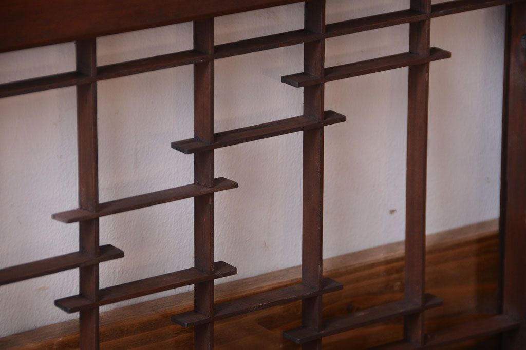 古民具・骨董　古い木製の横長ガラス引き戸2枚セット(窓)