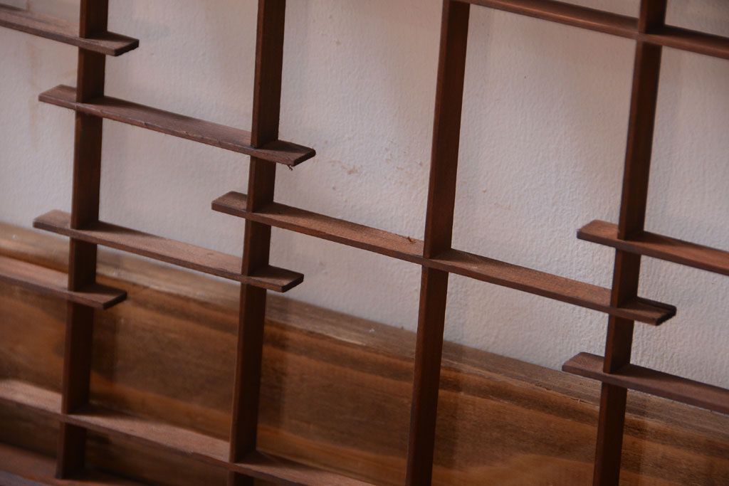 古民具・骨董　古い木製の横長ガラス引き戸2枚セット(窓)