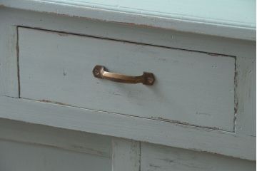 レトロ家具　アンティークペイント　かわいいミントグリーンのレトロな食器棚(カップボード)