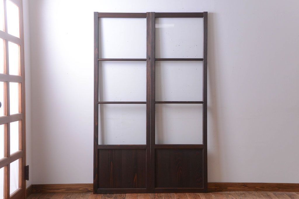 和製アンティーク　幅の狭い古いガラス戸2枚セット