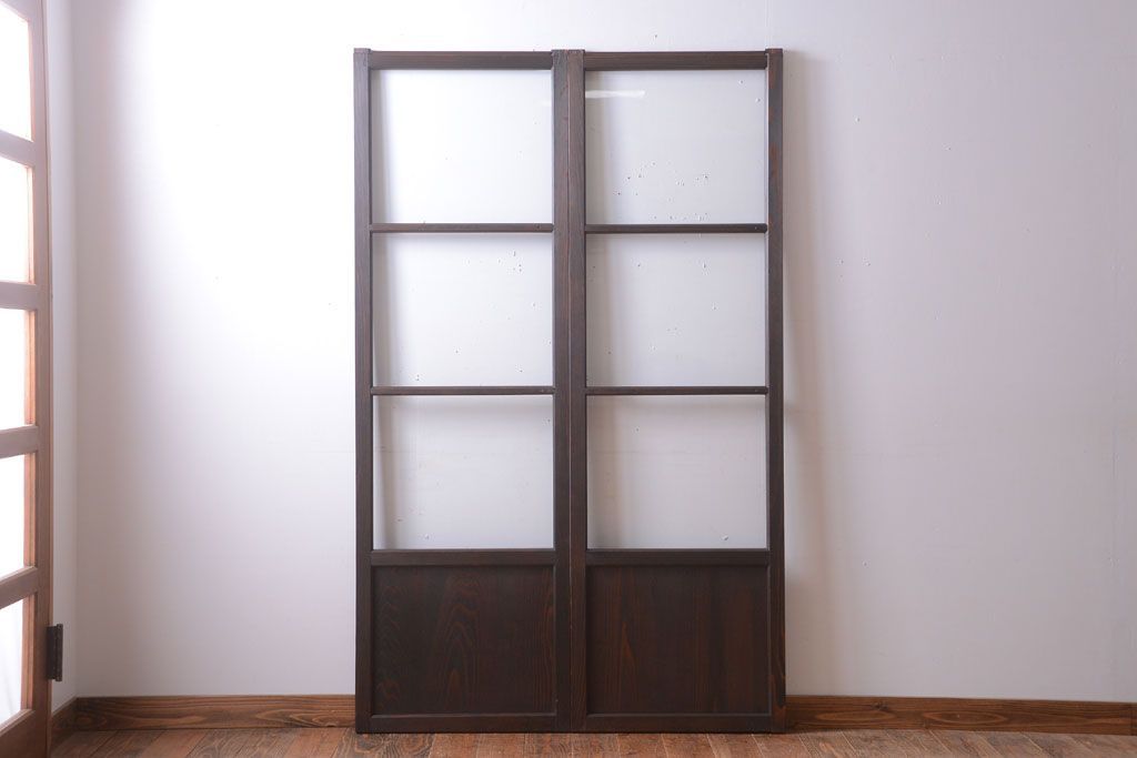 和製アンティーク　幅の狭い古いガラス戸2枚セット