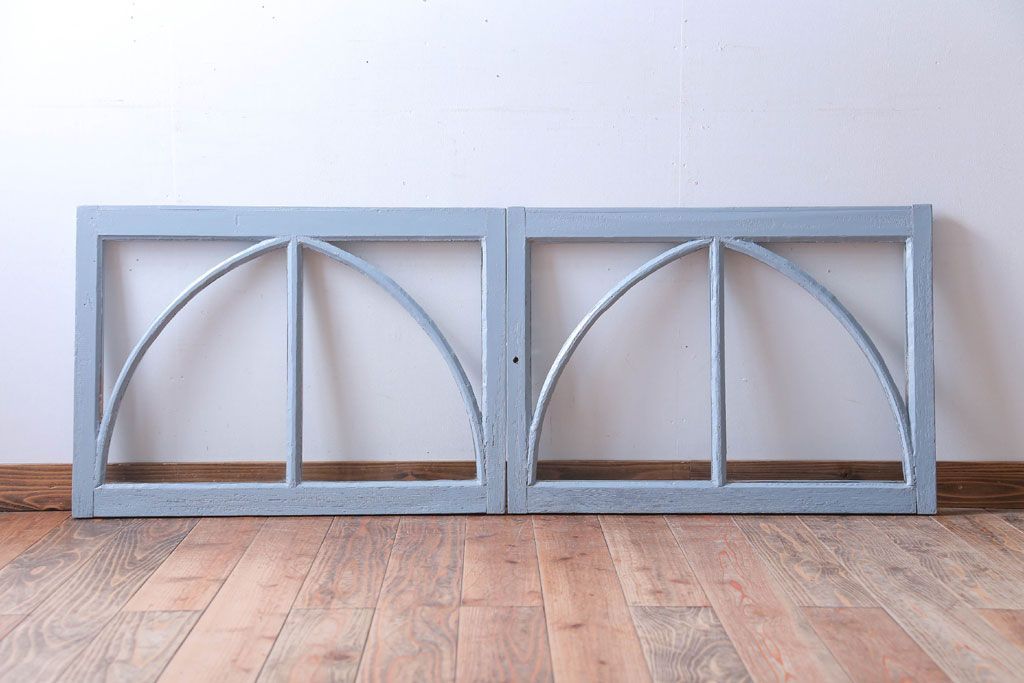 アンティーク　ブルーグレーペイントのガラス戸2枚セット(窓)