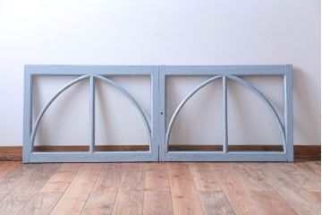 アンティーク　ブルーグレーペイントのガラス戸2枚セット(窓)