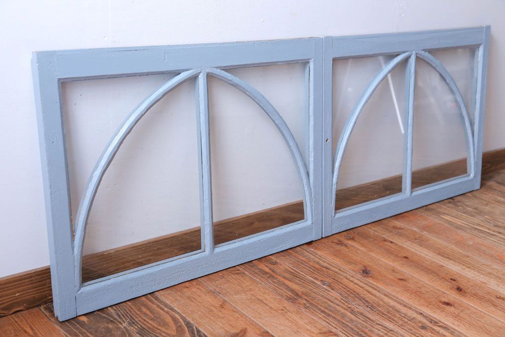 アンティーク　ブルーグレーペイントのガラス戸2枚セット(窓)