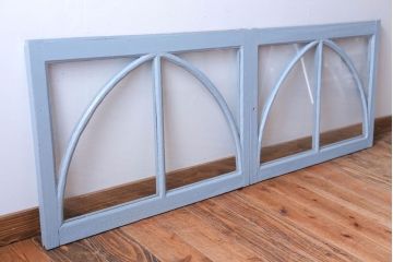 アンティーク　ブルーグレーペイントのガラス戸2枚セット(窓)