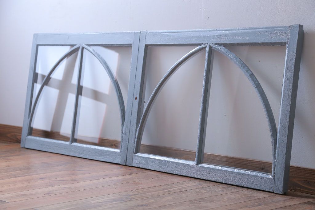 アンティーク　ブルーグレーペイントのガラス戸2枚セット(窓)